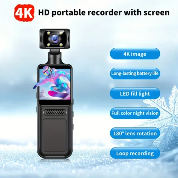 4K Ultra HD Wearable Action Camera with Rotating Lens, Touch Video Recording, Loop Recording, Night Vision, and TF Card Storage - Handheld Body Camera for Skiing, Cycling, and Outdoor Adventures, Adventure Gear, Compact Device, Durable Construction - Image 2